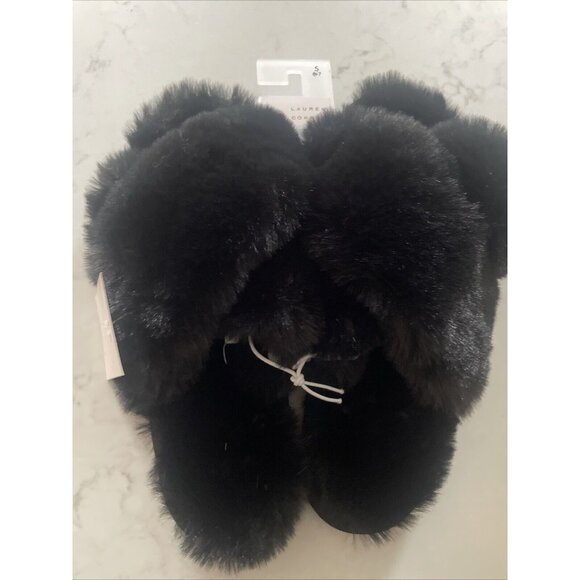 NWT Lauren Conrad LC X Band Faux Fur Slide Slippers Black‎ Large L 8-9 Cozy - Picture 1 of 5